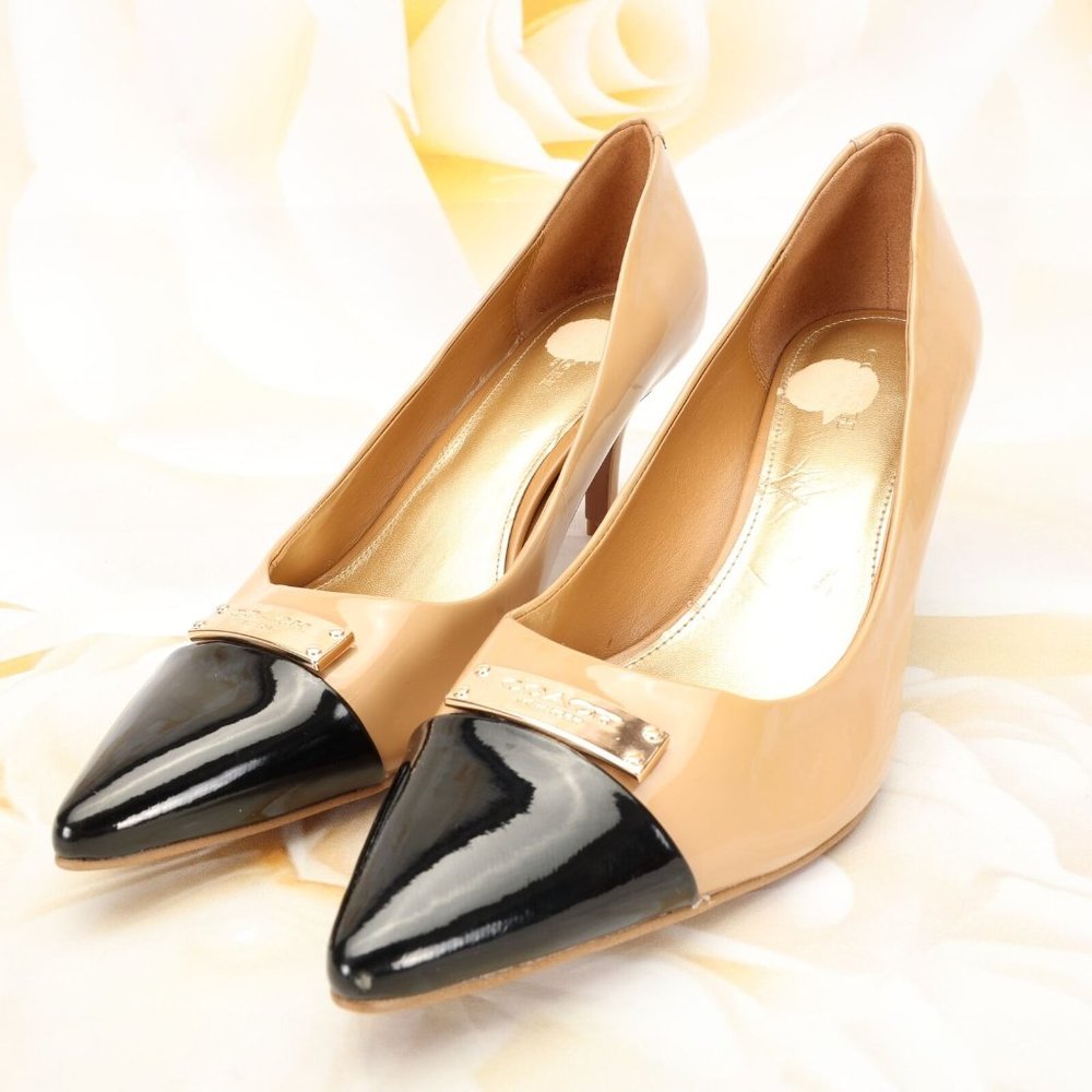 Coach Zan Pointed Toe Heels Pumps Shoes Size 8B Black/Beige Patent Leather